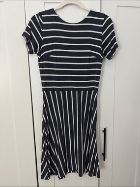 LOFT Navy and White Striped Midi Dress